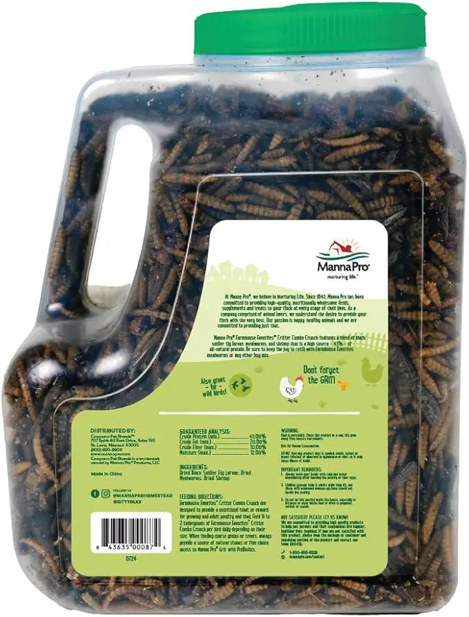 Manna Pro Farmhouse Favorites Critter Combo Crunch Bug Jug – Engaging Poultry Treat – Blend of Black Solider Fly Larvae, Mealworms & Shrimp – Great Source of Protein – Encourages Foraging – 25oz by GreenHaven Gardens