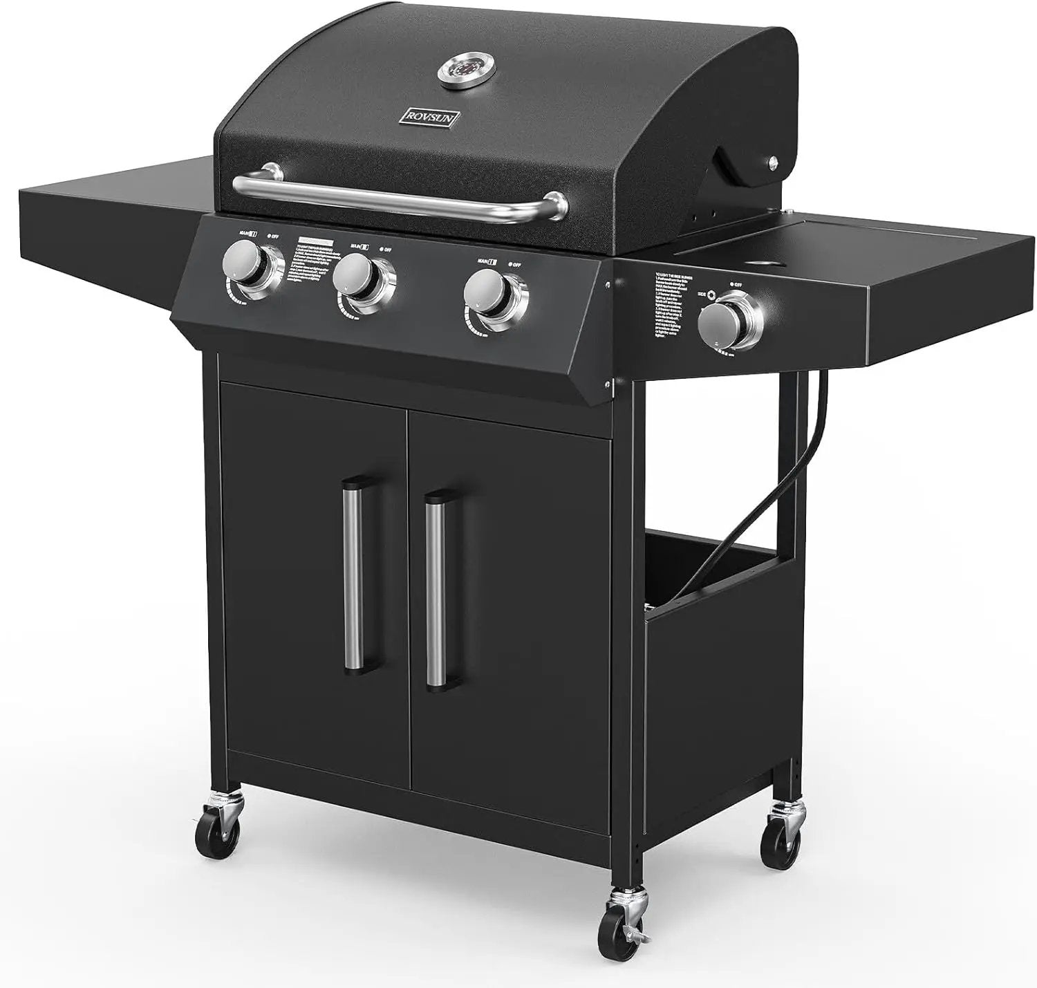 ROVSUN 3-Burner Propane Gas BBQ Grill with Side Burner & Enameled Cast Iron Grates, 46,000 BTU Barbecue Grill with Wheels for Outdoor Patio Backyard Cooking Grilling, Black by GreenHaven Gardens