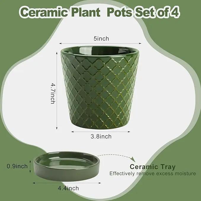 EFISPSS Ceramic Plant Pots, 5 Inch Planters with Drainage Holes and Ceramic Tray, Relief Design Flower Planter, Desktop Office Windowsill Decoration Gift Set of 4 - Blackish Green by GreenHaven Gardens