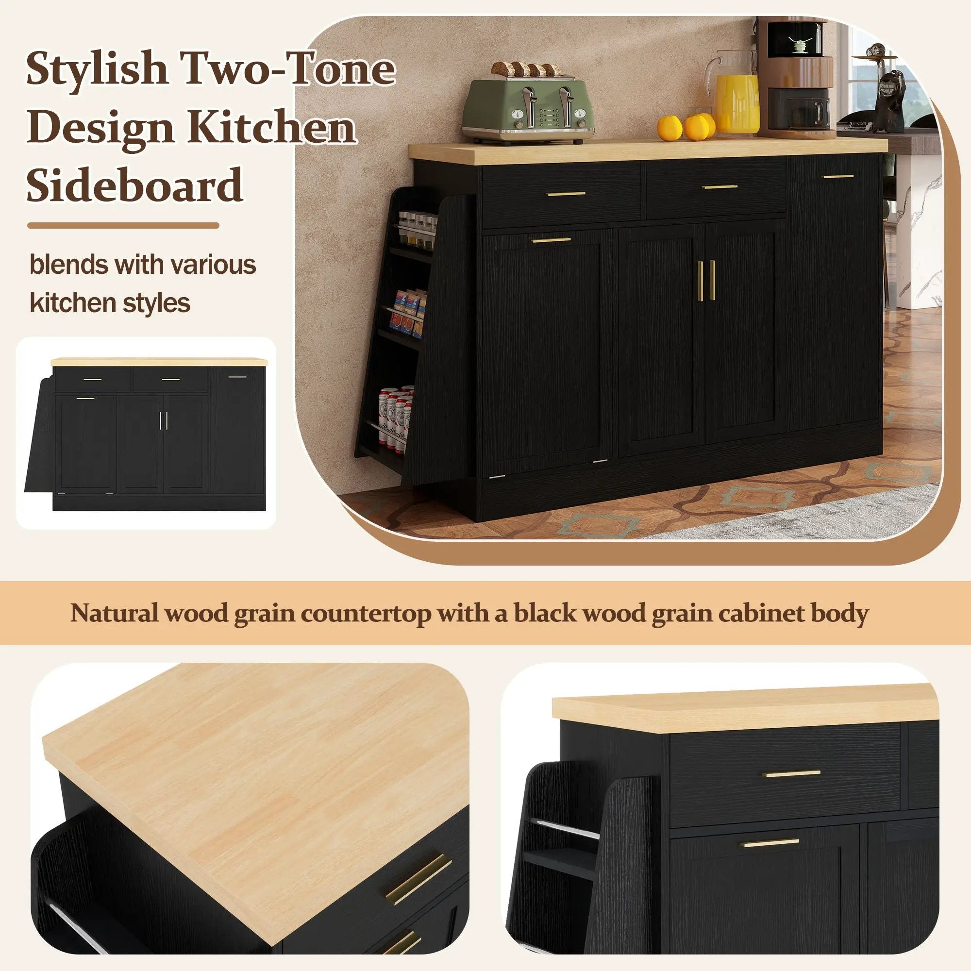 Kitchen Sideboard With Sliding Door Cabinet, 3 Tier Spice Rack by Unique Piece Furniture