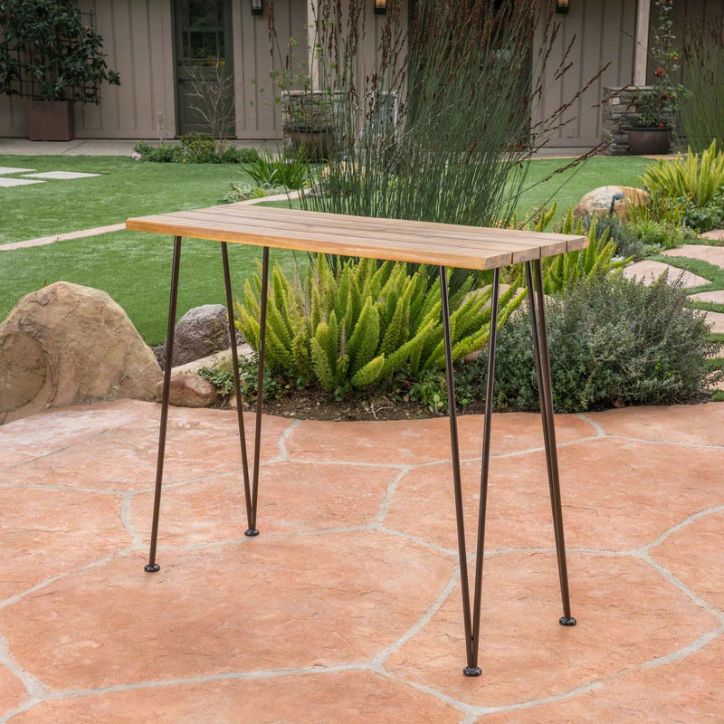 Outdoor Bar Table with Wood Tabletop and Iron Hairpin Legs - Black / Teak by HouseOfZazla