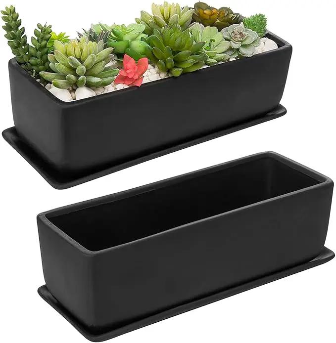 MyGift Matte Black Ceramic Indoor Plant Pot Succulent Planter, Decorative Flower Planter with Drainage Hole and Removable Tray (14 inch - 2 Pack) by GreenHaven Gardens