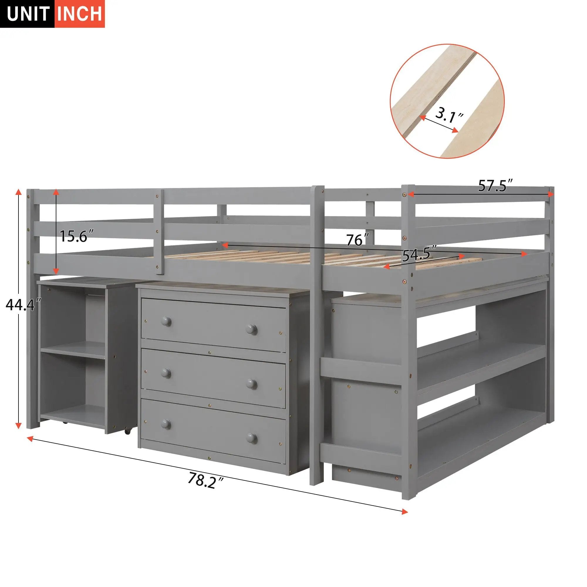 Loft Low Study Bed With Cabinet, Shelves And Rolling Portable Desk, Multiple Functions by HouseOfZazla