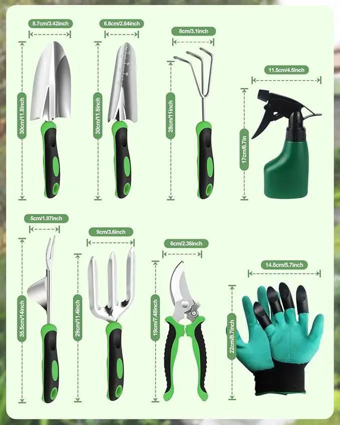 Garden Tools Set, 8 in 1 Heavy Duty Garden Tools Kit, Stainless Steel Ergonomic Gardening Hand Tool with Upgraded Bag, Gardening Supplies Gift for Women, Kid, Organizer by GreenHaven Gardens