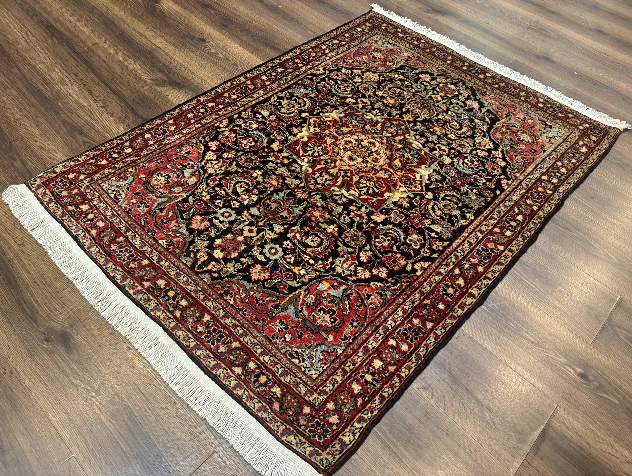 Antique Persian Sarouk Rug 4x5, Dark Blue and Red, Floral Medallion, Fine by Jewel Rugs