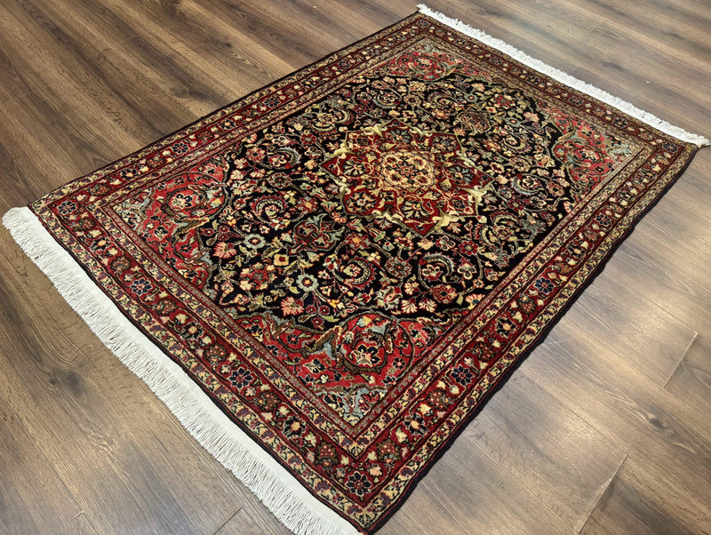 Antique Persian Sarouk Rug 4x5, Dark Blue and Red, Floral Medallion, Fine by Jewel Rugs