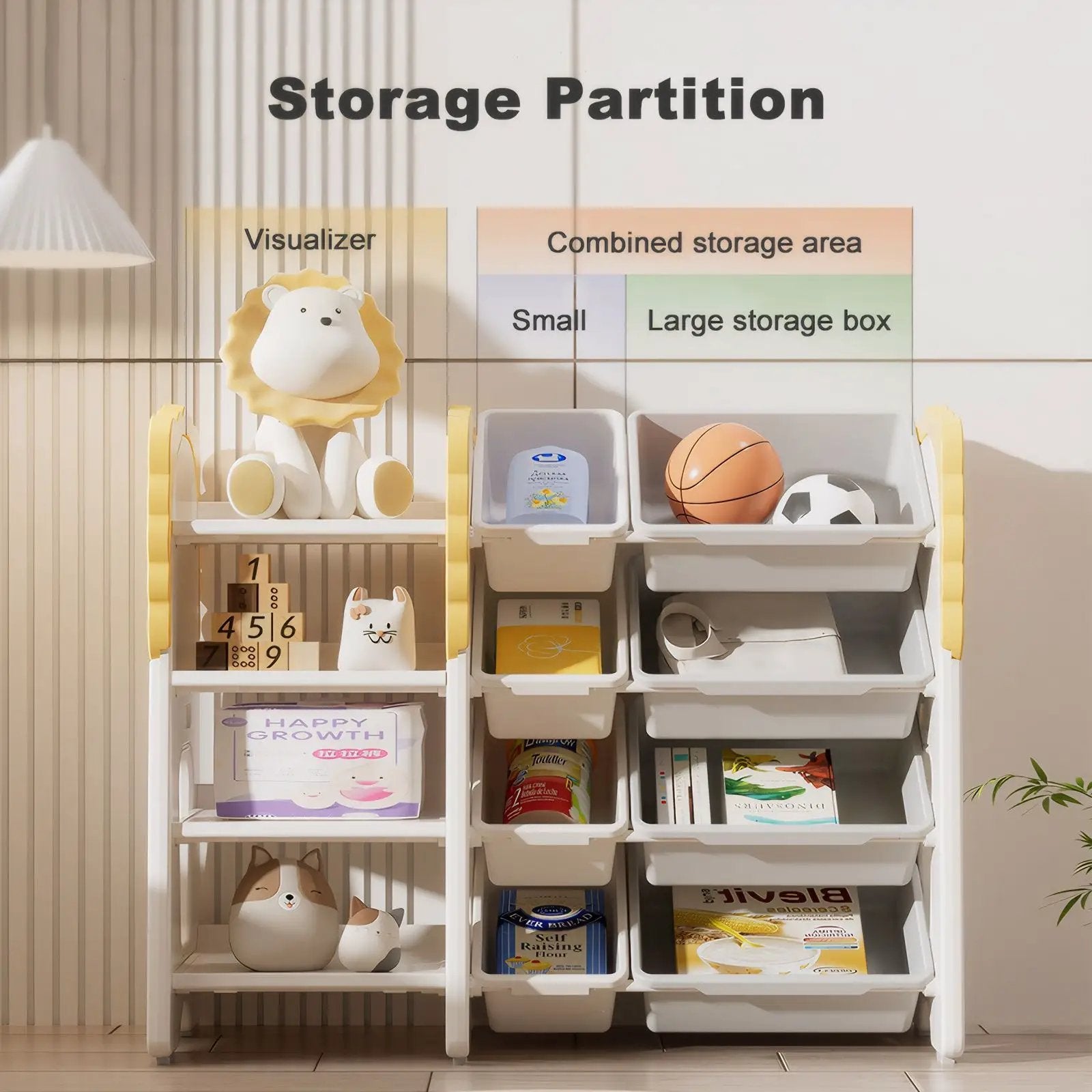 Kids Bookshelf And Toy Storage, 4 Tier Toy Organizers With 8 Removable Storage Bins, Kids Toy Storage Organizer For Study Room - Gray / White / Yellow by Unique Piece Furniture