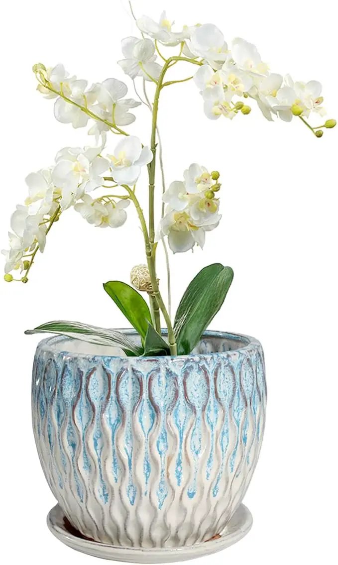 vensovo 7.5 Inch Ceramic Plant Pot with Drainage Holes and Saucer - Large Round Orchid Pot for Indoor Repotting, Ceramic Planter Maintain Air Circulation, Blue by GreenHaven Gardens