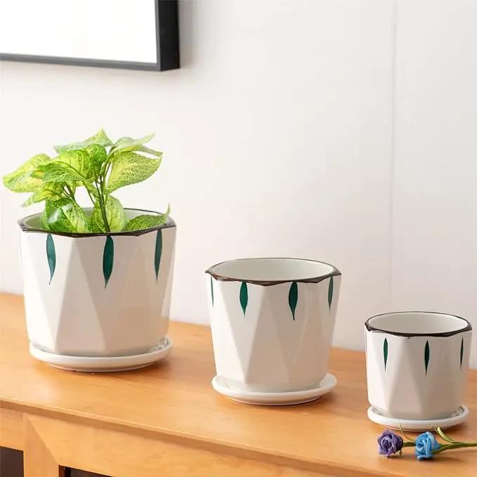 7 5 4 inch Plant Pots for Indoor, Hand Painting Ceramic Flower Planter Outdoor Set of 3 with Drainage and Saucer, Succulent Pots for Mom Family by GreenHaven Gardens