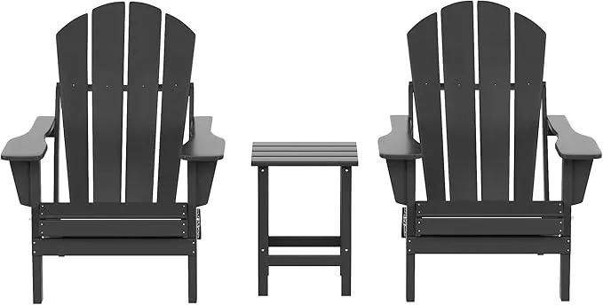 WO Home Furniture Adirondack Chairs Table Set of 3 PCS Outdoor Folding Chairs Side End Table Weather/UV Resistant for Lawn, Garden, Bon Fire, Balcony (Grey) by GreenHaven Gardens