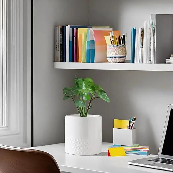Docrin Ceramic Planters Indoor: 8 Inch Plant Pots with Drainage Holes for Home/Office - White Honeycomb by GreenHaven Gardens