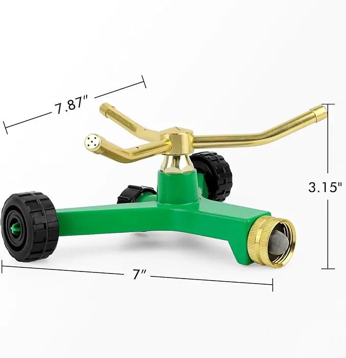 [2 Pack] RESTMO 3-Arm Metal Sprinkler with Wheel Base, 360 Degree Automatic Rotary Lawn Sprinkler System for Garden Plant, Flower Bed and Yard Watering and Large Yard Area Watering by GreenHaven Gardens
