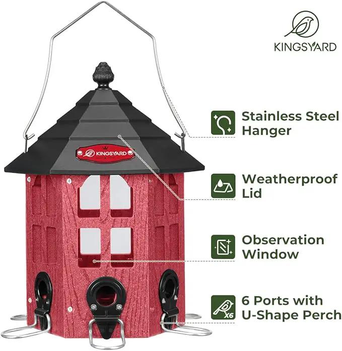 Kingsyard Wild Bird Feeder for Outdoor Hanging, Recycled Plastic Bird Feeders with 6 Ports & U-Shape Perch, Garden Yard Outside Decoration, 3.5 lbs Seed Capacity, Red by GreenHaven Gardens