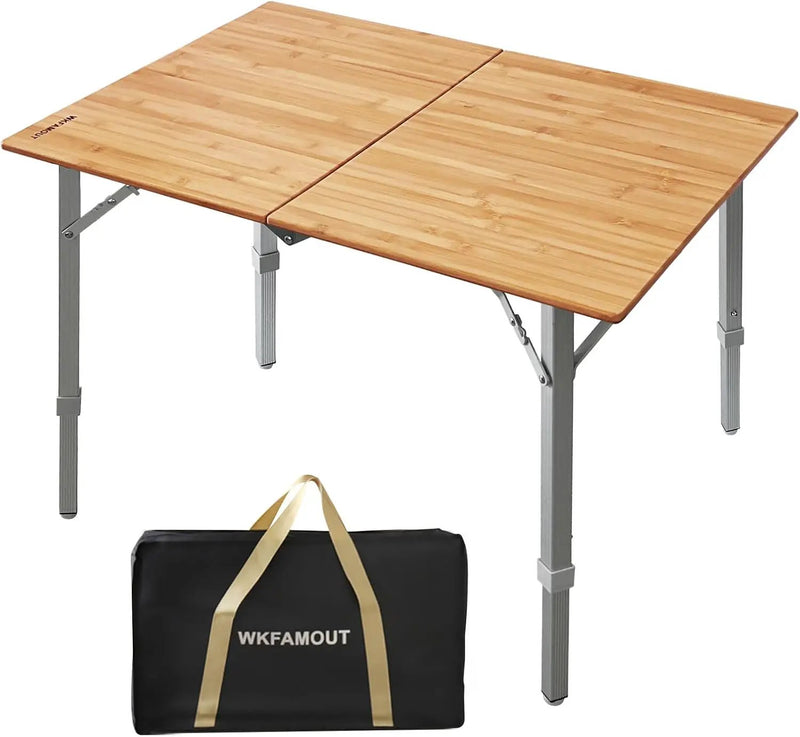 Bamboo Folding Camping Table 2-Folds with Adjustable Aluminum Legs Portable Picnic Table with Carry Bag for Outdoor Hiking Beach 2-4 Person by GreenHaven Gardens