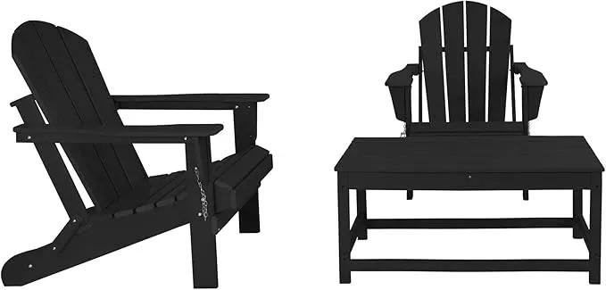WO Home Furniture Adirondack Chairs Table Set of 3 PCS Outdoor Folding Chairs Coffee Table Weather/UV Resistant for Lawn, Garden, Bon Fire, Balcony (Black) by GreenHaven Gardens