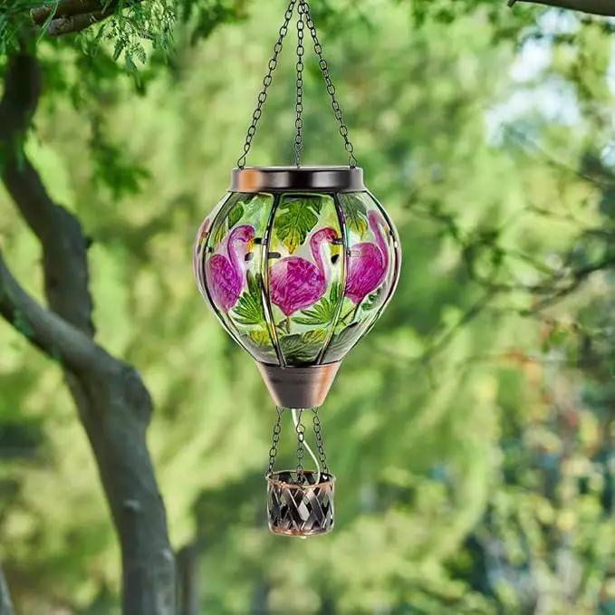 Flamingo Solar Hot Air Balloon Flickering Flame Hanging Garden Light,Glass Hot Air Balloon Solar Lanterns Outdoor Waterproof for Patio Tree Yard Decor,Flamingo Lantern Birthday Gifts for Women by GreenHaven Gardens