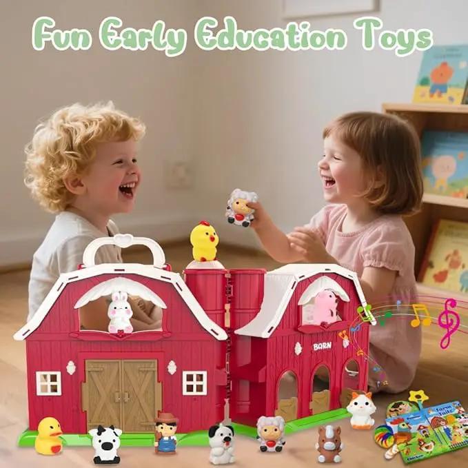 Big Musical Red Barn Toy Farm Animal Finger Puppets for 1 2 3 4 5 Years Old, Animal Figures Playset with Farm Tails Baby Book, Sensory Learning Toys Gift for Toddlers Boys Girls by GreenHaven Gardens