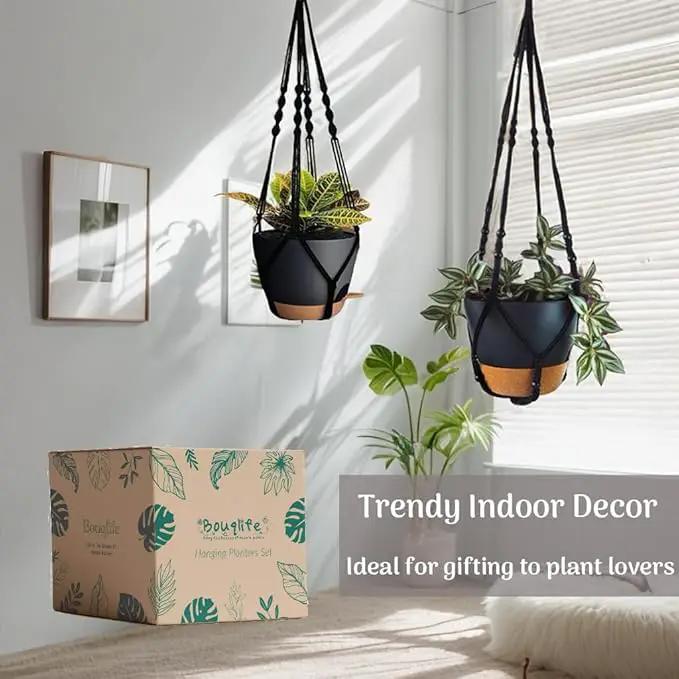 3 Pack Self Watering Hanging Planters Macrame Plant Hangers with Indoor Flower Pots, 3 Different Size Hanging Basket, Plant Hanger with Hooks for Garden Home Decor Black by GreenHaven Gardens
