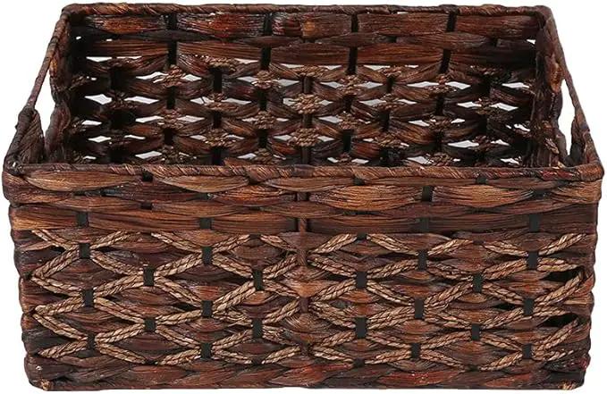 Rectangular Woven Water Hyacinth Basket,Dark Storage Basket With Inside Handle Shelves Kitchen Office Desk (Small) by GreenHaven Gardens