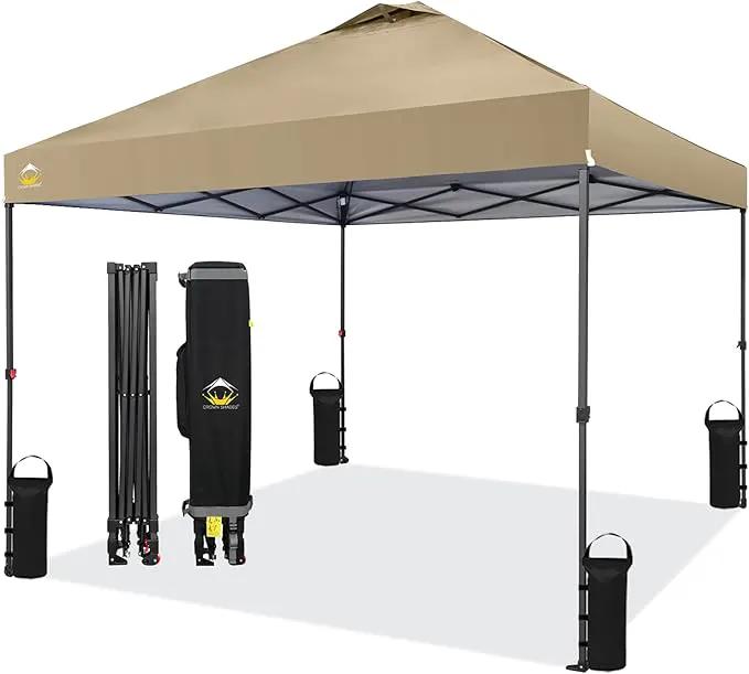 CROWN SHADES 10x10 Pop Up Canopy Tent - Patented Center Lock One Push Instant Outdoor Canopy Beach Tent with STO-N-Go Bag 8 Stakes & 4 Sand Bags，Khaki by GreenHaven Gardens