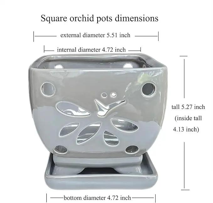 Orchid Pots with Holes Square Ceramic Orchid Planter Pots 5.5 inch (Gray) by GreenHaven Gardens
