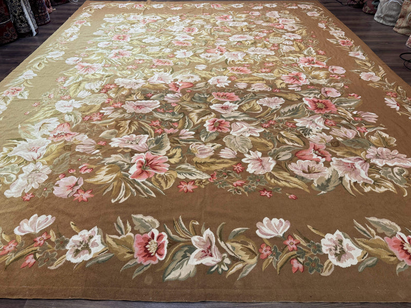 Large Needlepoint Rug 11x14, Vintage Floral Wool Carpet, Caramel by Jewel Rugs
