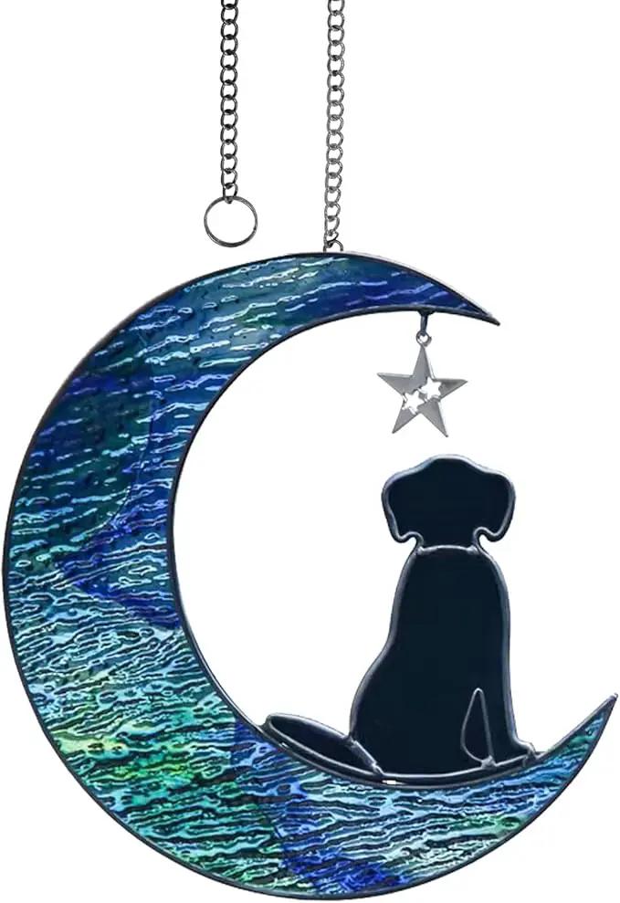 Dog Decor Stained Glass Moon Suncatchers Window Hanging, Wall Art Element Earth Tones Modern Design Home Garden Suncatcher, Dog Lovers for Halloween Decor (Moon Dog) by GreenHaven Gardens