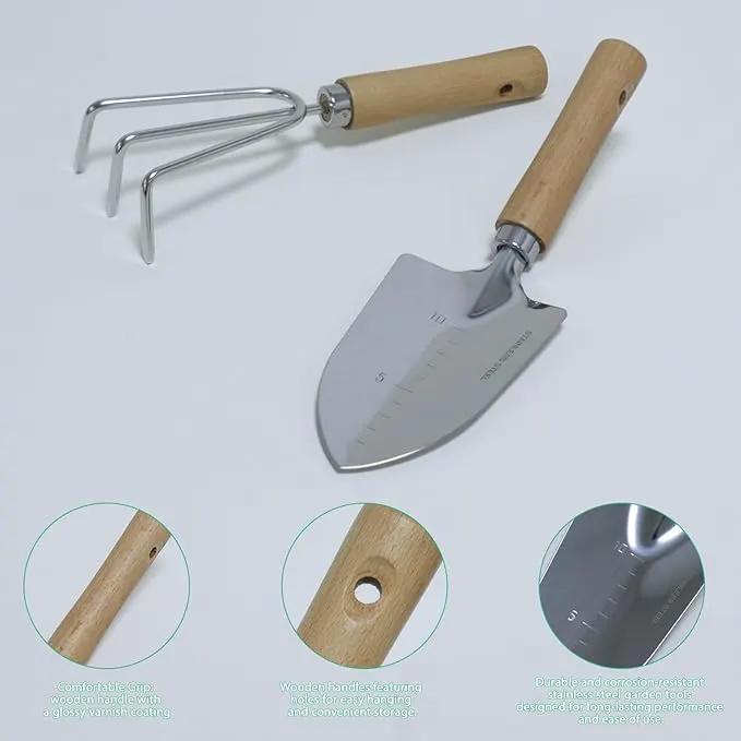 LeMotech Garden Tool Set, 2Pcs Gardening Hand Tools, Stainless Steel Trowel and Cultivator with Beech Handle, Outdoor Gardening Kit for Women Men by GreenHaven Gardens