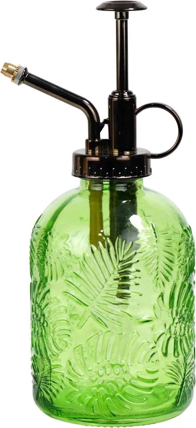 11.8 Ounce Glass Plant Spray Bottle, Glass Leaf Print One Handed Watering Can with Antique Brass Plastic One Handed Top Pump, 7.6 Inch Tall Indoor and Outdoor Plant Small Spray Bottle (Green) by GreenHaven Gardens