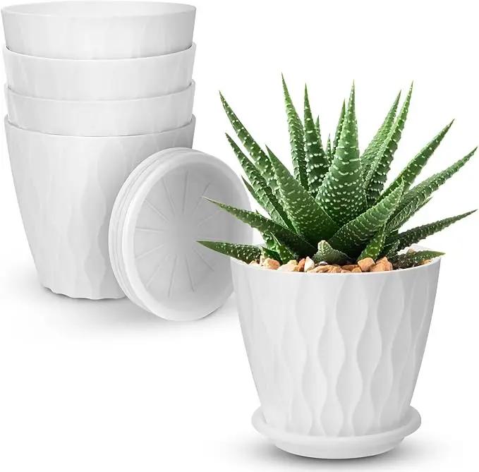 4 inch Plant Pots, 5 Pack Flower Pots Outdoor Indoor, Planters with Drainage Holes and Tray Saucers（White） by GreenHaven Gardens