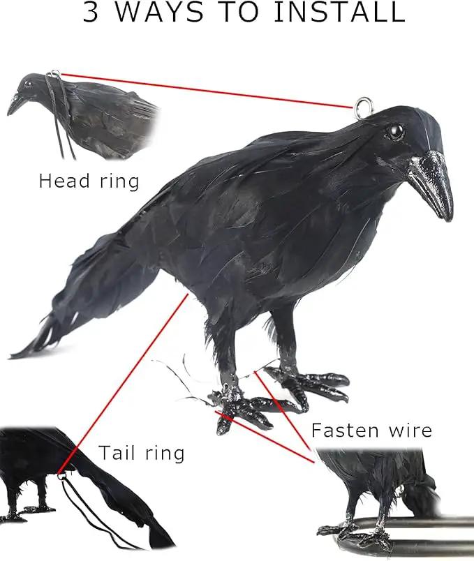 Hanging Dead Crows, 13 Inches Life-Size Raven, Realistic Handmade Fake Decoy for Garden Christmas Halloween Decorations [Face Up+Face Down+Stand] 2PC by GreenHaven Gardens