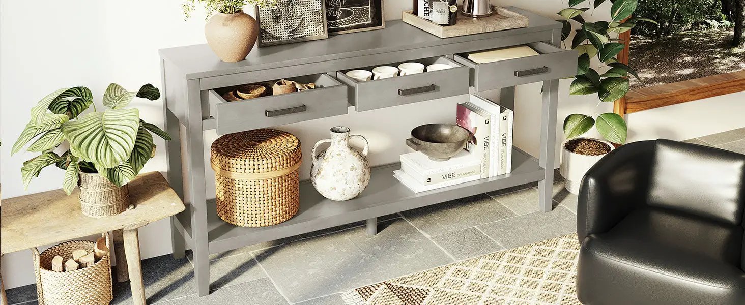 U_STYLE 59.1'' Farmhouse Entryway Table with 3 Drawers by HouseOfZazla