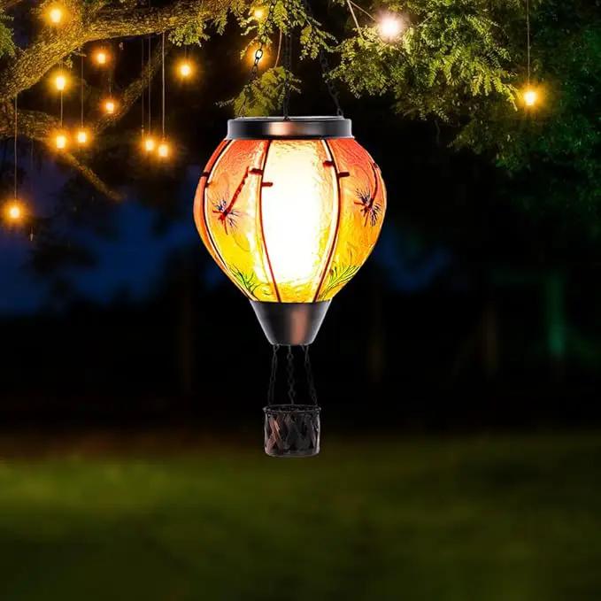 Starsoul Dragonfly Hot Air Balloon Solar Lantern Outdoor Glass Hanging Hot Air Balloon Lantern with Flame Light Waterproof for Patio Pathway Yard Porch Backyard Decor by GreenHaven Gardens