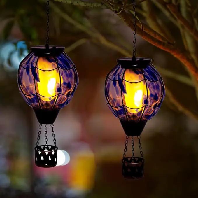 2PCS Solar Hot Air Balloon Lantern with Flickering Flame,Blue Glass Hot Air Balloon Solar Lanterns Outdoor Waterproof Hanging Decorative Light for Patio Porch Yard,Garden Gifts for Women by GreenHaven Gardens