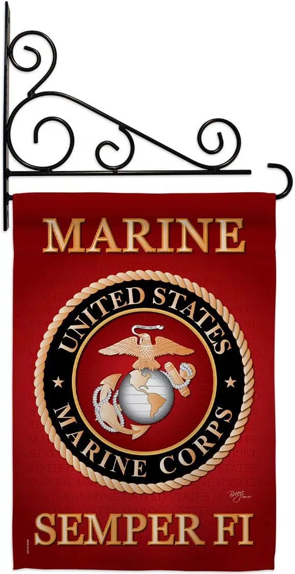 Marine Corps Garden Flag - Set Wall Holder Armed Forces USMC Semper Fi United State American Military Veteran Retire Official - House Banner Small Yard Gift Double-Sided Made In USA 13 X 18.5 by GreenHaven Gardens