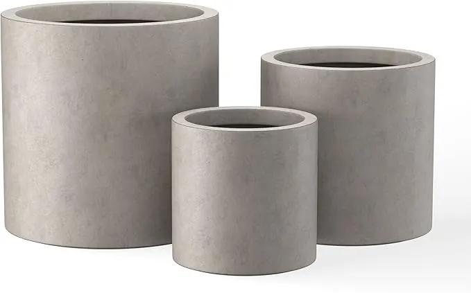 Kante 9.8",12.6",15.7" Dia Round Concrete Planter Set of 3, Modern Style Large Cylindrical Plant Pot with Drainage Hole and Rubber Plug for Indoor Outdoor Patio, Weathered Concrete by GreenHaven Gardens