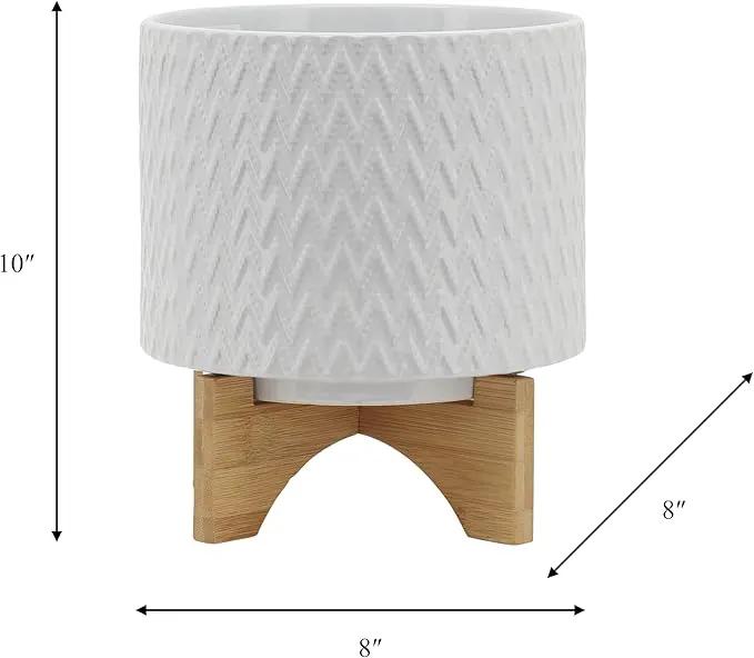 8" Ceramic Planter on Wooden Bamboo Stand - Contemporary White Chevron Design for Indoor or Outdoor Plants, Succulents, Cactus by GreenHaven Gardens