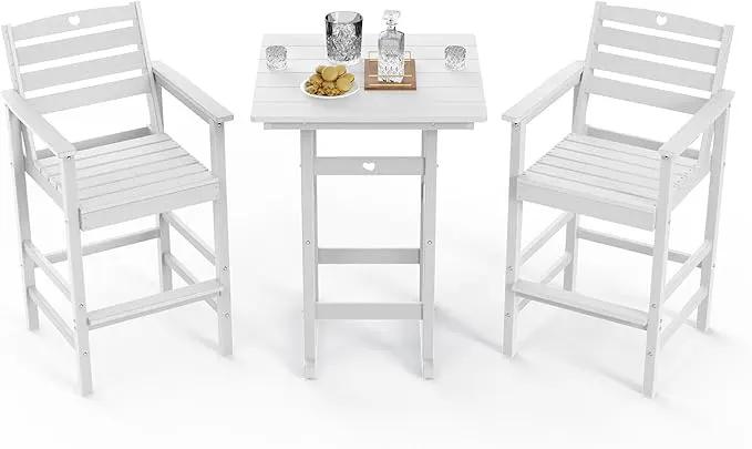 3-Piece HDPE Outdoor Bar, Outdoor Bar Stools and Outdoor Bar Table with Heart Cutout Design, All Weather Bistro Set Outdoor for Patio, Porch, Pool (White) by GreenHaven Gardens