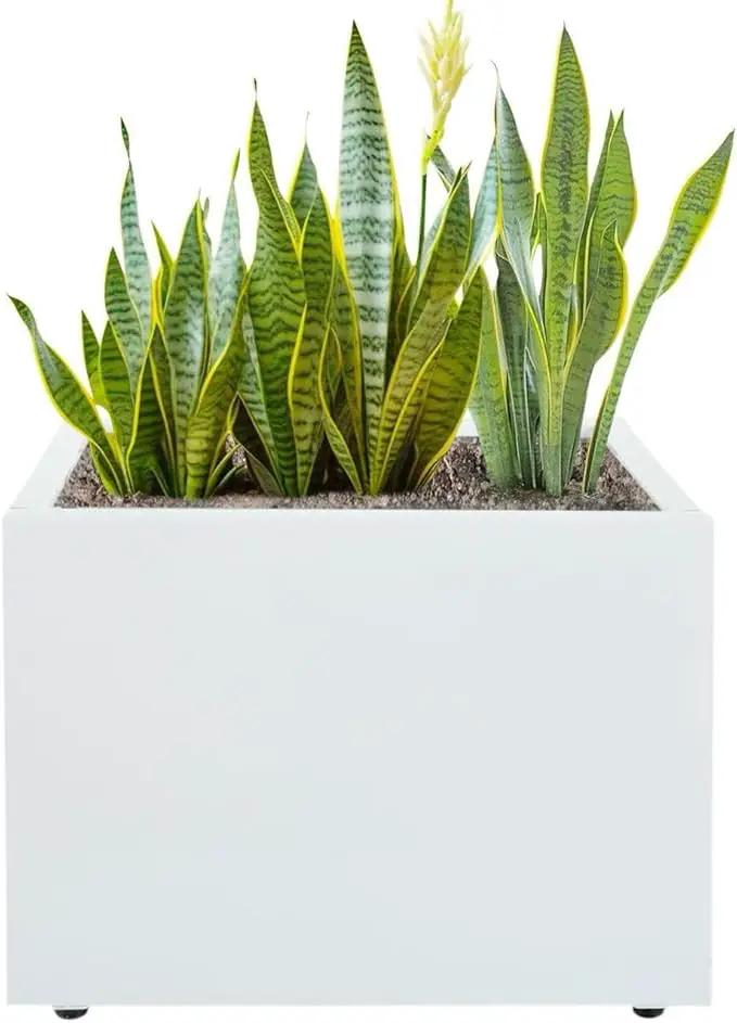 Galvanized Steel Rectangular Planter, 16"x 12"x 12" Small Planters for Outdoor Plants, White Outdoor Planter with Drainage Holes by GreenHaven Gardens
