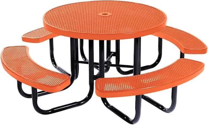 Heavy-Duty Portable Outdoor Picnic Table with Umbrella Hole, Punched Steel Commercial-Grade Patio Dining Furniture Made in America (46" Round Top, Textured Orange) by GreenHaven Gardens