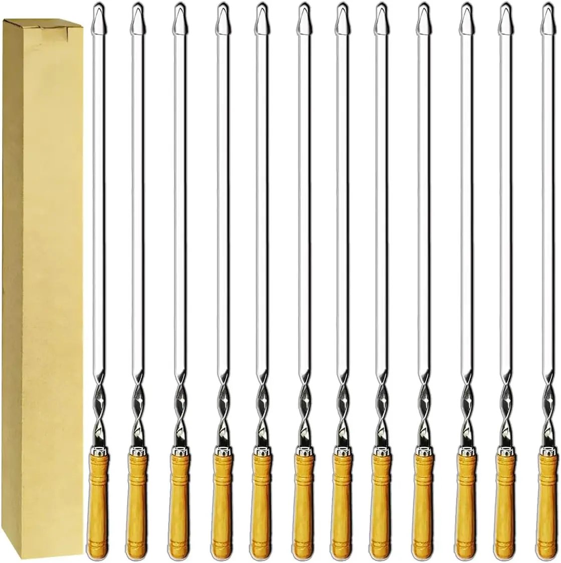 Antallcky 12 Pack Kebab Skewers 22 Inch BBQ Barbecue Skewers Stainless Steel Sticks Heavy Duty Large Wide Reusable with Nonslip Wooden Handle Ideal for Shish Kabob Chicken Shrimp and Vegetables by GreenHaven Gardens