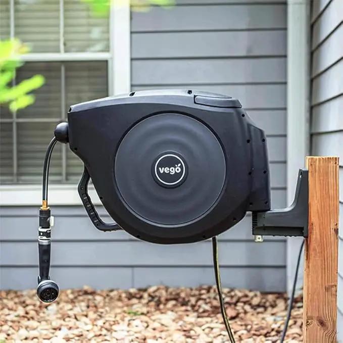 Garden Hose Reel Retractable 5/8" x 50ft Wall Mounted Hose Reel Automatic Rewind, Any Length Lock with 9 Patterns Sprayer Nozzle, Quick Connector and Adjustable shot Nozzle- Tidepool Blue by GreenHaven Gardens