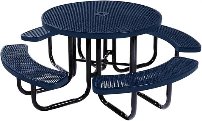 Coated Outdoor Furniture Heavy-Duty Portable Outdoor Picnic Table with Umbrella Hole, Punched Steel Commercial-Grade Patio Dining Furniture Made in America (46" Round Top, Textured Dark Blue) by GreenHaven Gardens