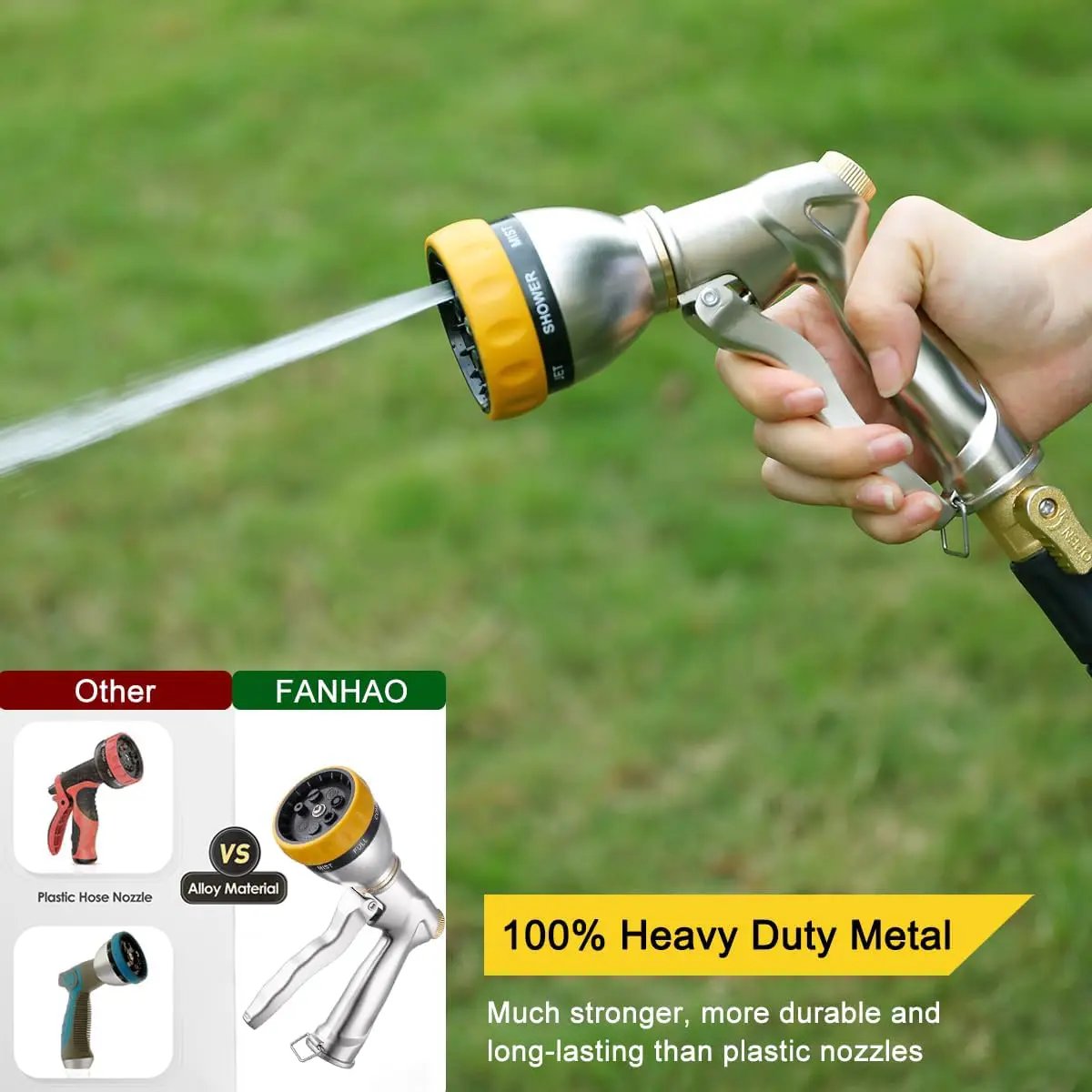 FANHAO Garden Hose Nozzle Sprayer, 100% Heavy Duty Metal Water Hose Sprayer with 7 Spray Patterns, High Pressure Spray Nozzle for Watering Plants & Lawns, Washing Cars & Pets by GreenHaven Gardens