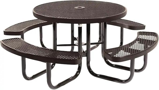 Heavy-Duty Portable Outdoor Picnic Table with Umbrella Hole, Expanded Metal Commercial-Grade Patio Dining Furniture Made in America (46" Round Top, Brown) by GreenHaven Gardens