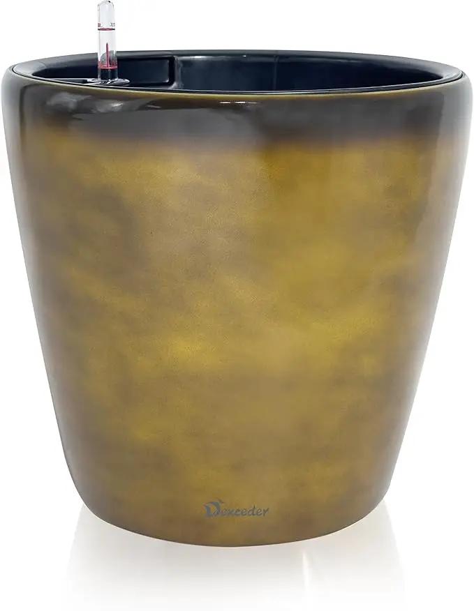 Dexceder 13x12 Self Watering Planter with Wheels Indoor Outdoor, Inner Pot Design, Thickened Large Floor Standing Flower Plant Pot with Water Level Indicator (Yellow Brown Gradient) by GreenHaven Gardens