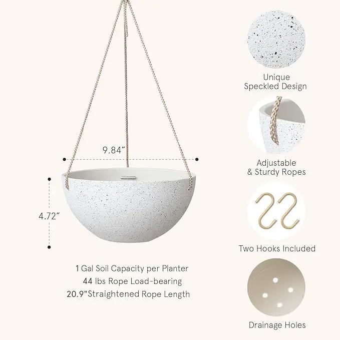 LA Jolie Muse Hanging Planters for Indoor Plants - Flower Pots Outdoor 9.84 inch Garden Planters and Pots,Speckled White Set of 2 by GreenHaven Gardens