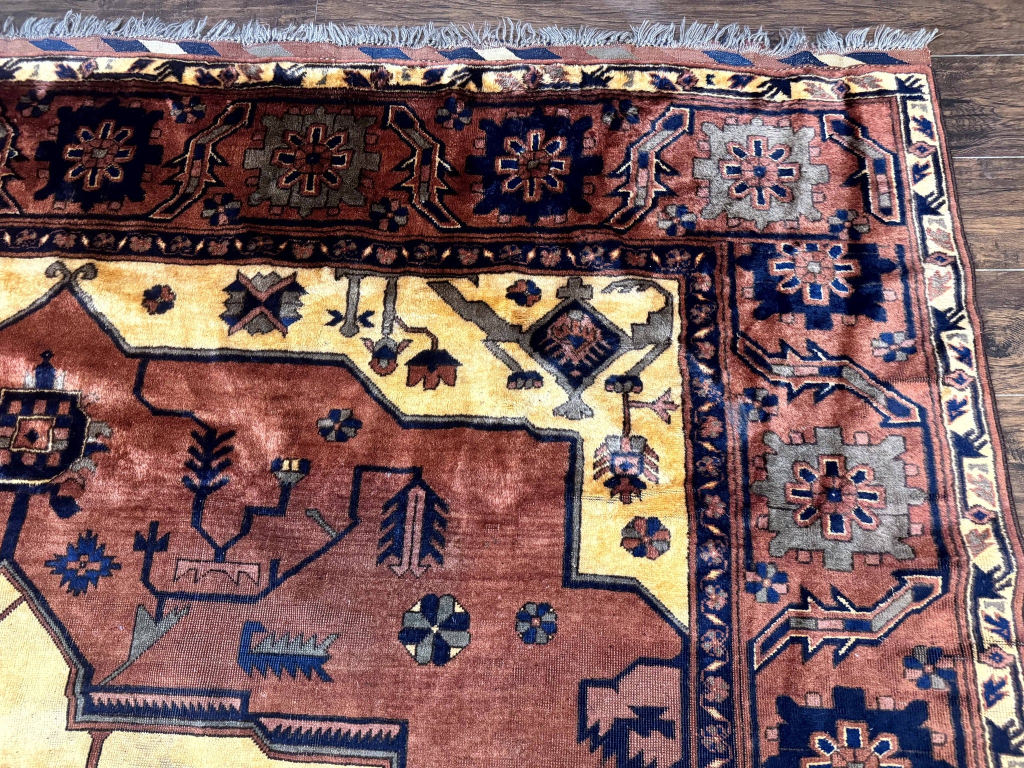 Afghan Heriz Rug 9x12, Tribal Geometric Serapi Carpet, Rust Cream and Navy, Wool on Wool by Jewel Rugs