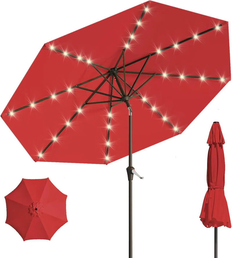 9FT Solar Umbrella 32 LED Lighted Patio Umbrella Table Market Umbrella w/Tilt and Crank, UV-Resistant Outdoor Umbrella for Pool, Garden, Deck, Red by GreenHaven Gardens