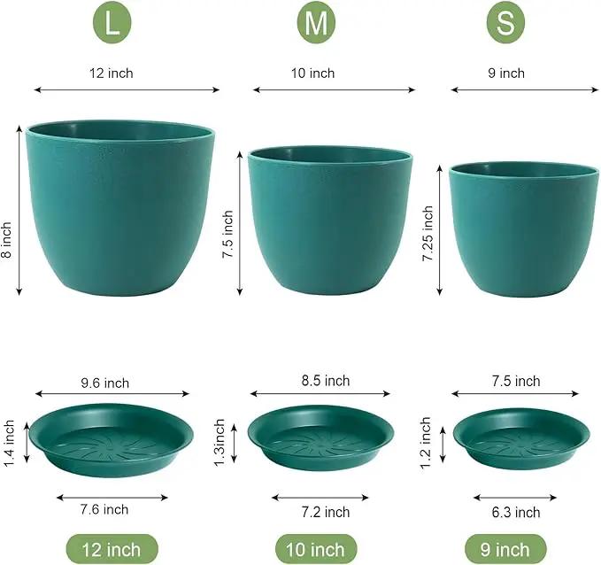 Large Flower Pots 12/10/9 inch, Set of 3 Modern Decorative Plastic Planters with Drainage Holes and Saucers for House Plants, Plant Pots for Indoor Outdoor Plants, Blue Green by GreenHaven Gardens